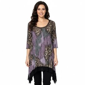 JOSEPH RIBKOFF Lightweight Tunic Top Animal Print Black Mesh Trim Sharkbite Hem